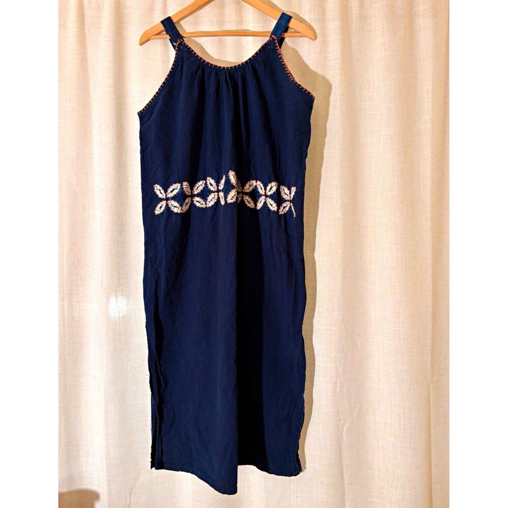Las Azulinas Indigo Blue Dye Cotton Boho Midi Dress Cottagecore Embroidered, XL